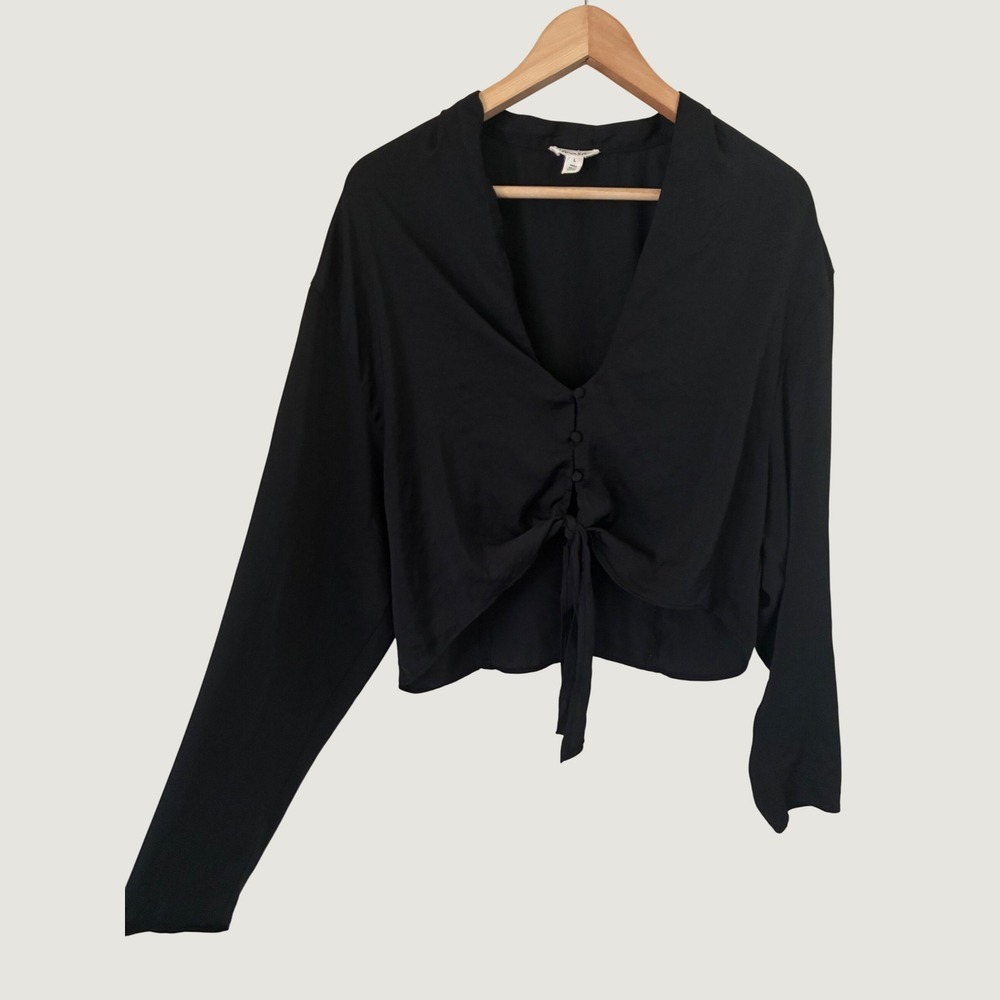 Open Edit Womens Black Long Sleeve Tie Front Cropped Blouse Top Size Large